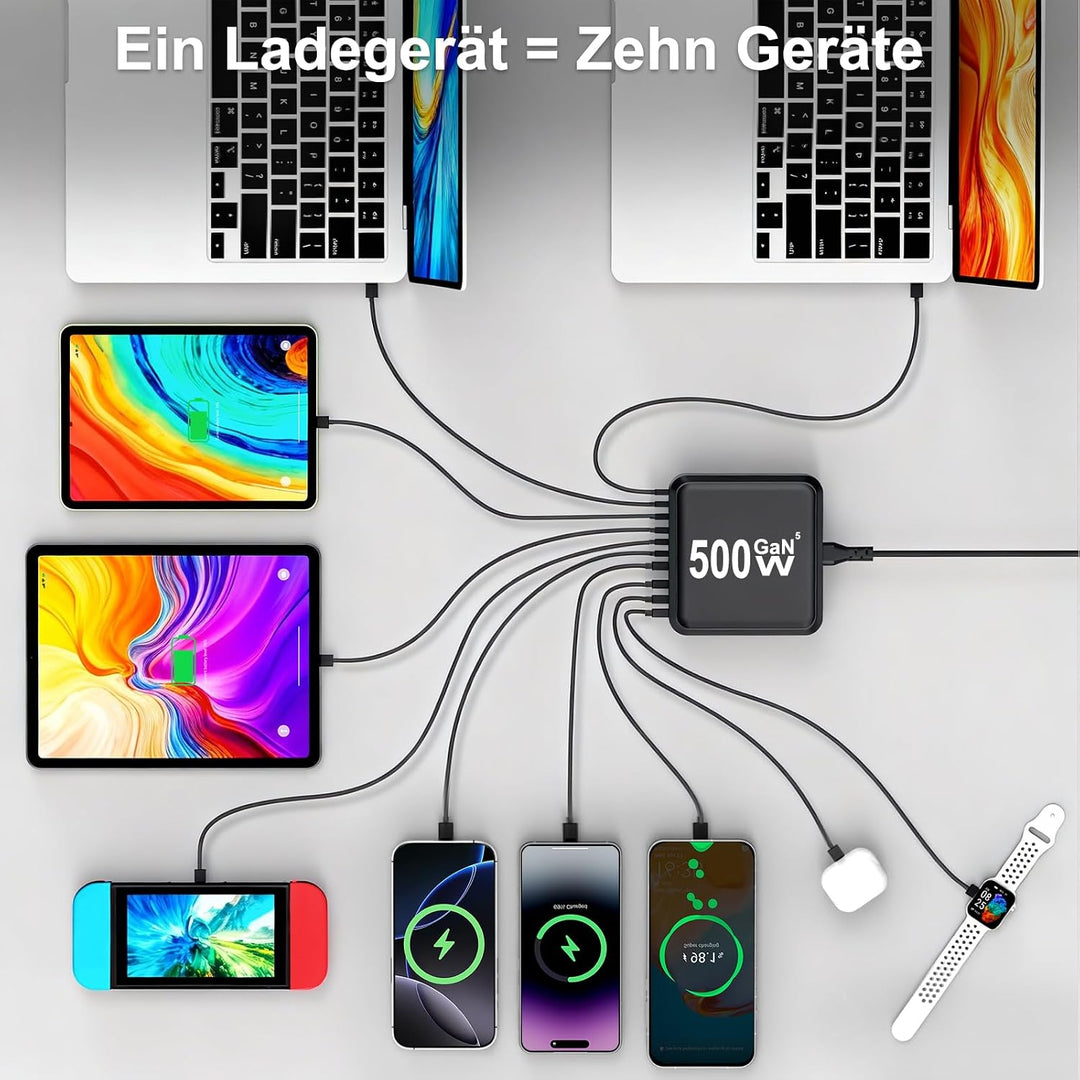 500W USB C Ladegerät Mehrfach, GaN V 10 Ports USB Ladegerät Mehrfach, 500W 10-Port Schnellladegerät