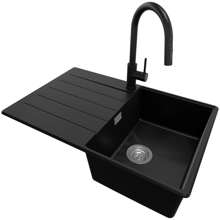 PRIMAGRAN Spülbecken Schwarz 78x50cm, Spülbecken 1 Becken + Küchenarmatur 40x20cm + Ablauf-Set, Küch