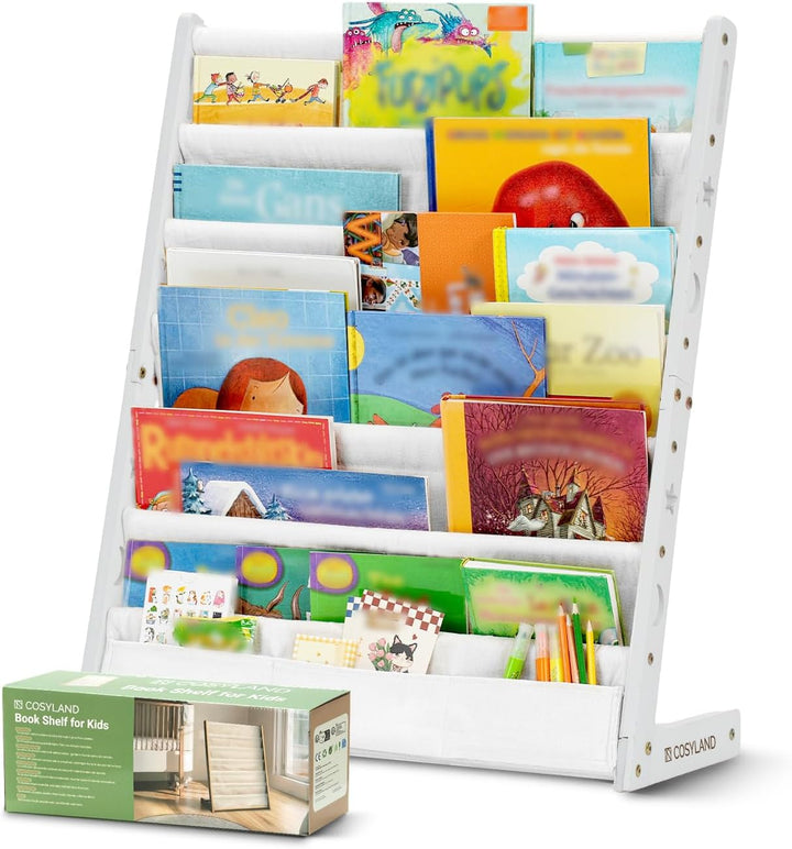COSYLAND Bücherregal Kinder mit 6 Oxford-Stoff Fächern - Kinderbücherregal aus Naturholz - Bücherreg