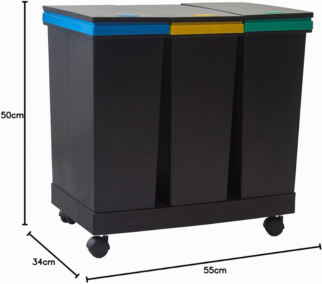 Smarty Ecobin, 3 Behälter für die getrennte Abfallentsorgung, insgesamt 63 L - 55 x 34 x 50 cm, Schw