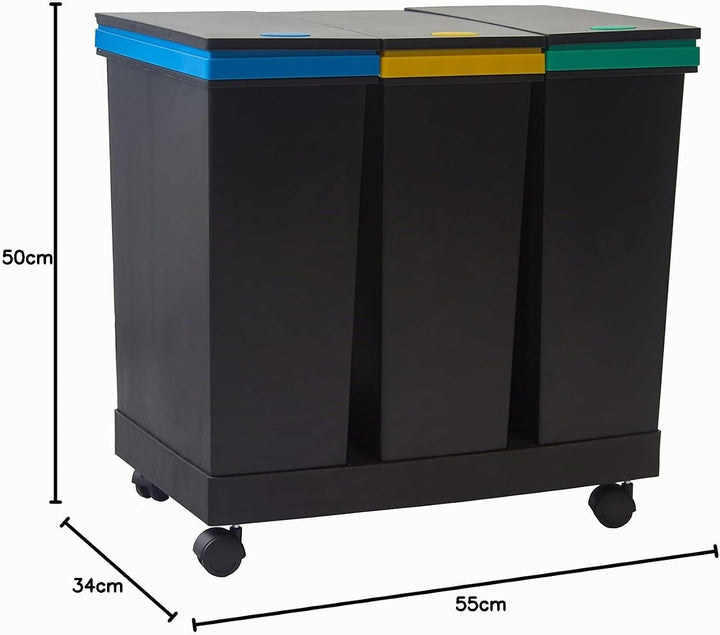 Smarty Ecobin, 3 Behälter für die getrennte Abfallentsorgung, insgesamt 63 L - 55 x 34 x 50 cm, Schw