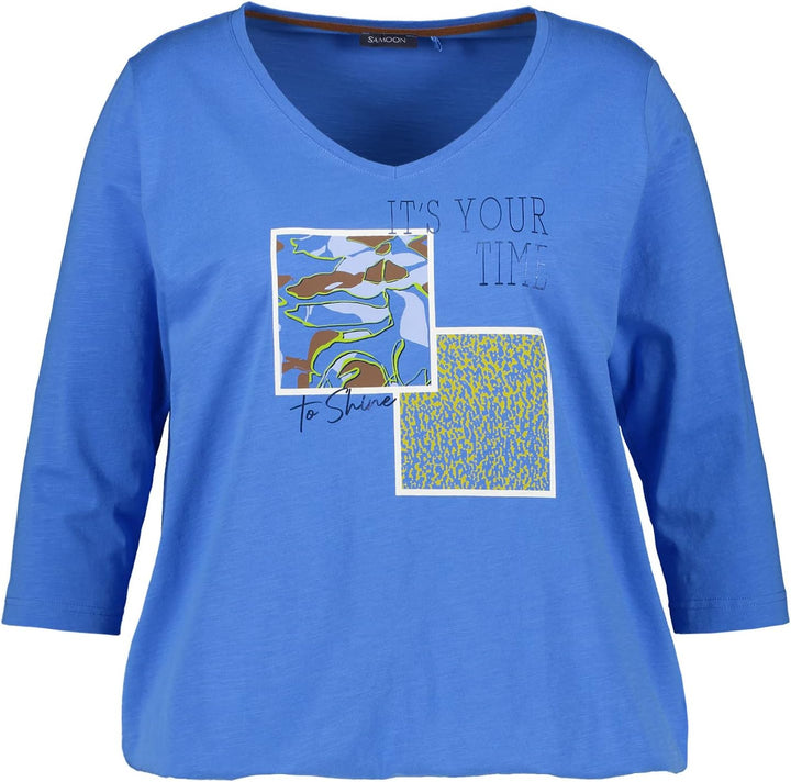 Samoon Damen 3/4 Arm Shirt mit Front-Print 3/4 Arm Frontprint 44 Blue Bonnet Gemustert, 44 Blue Bonn