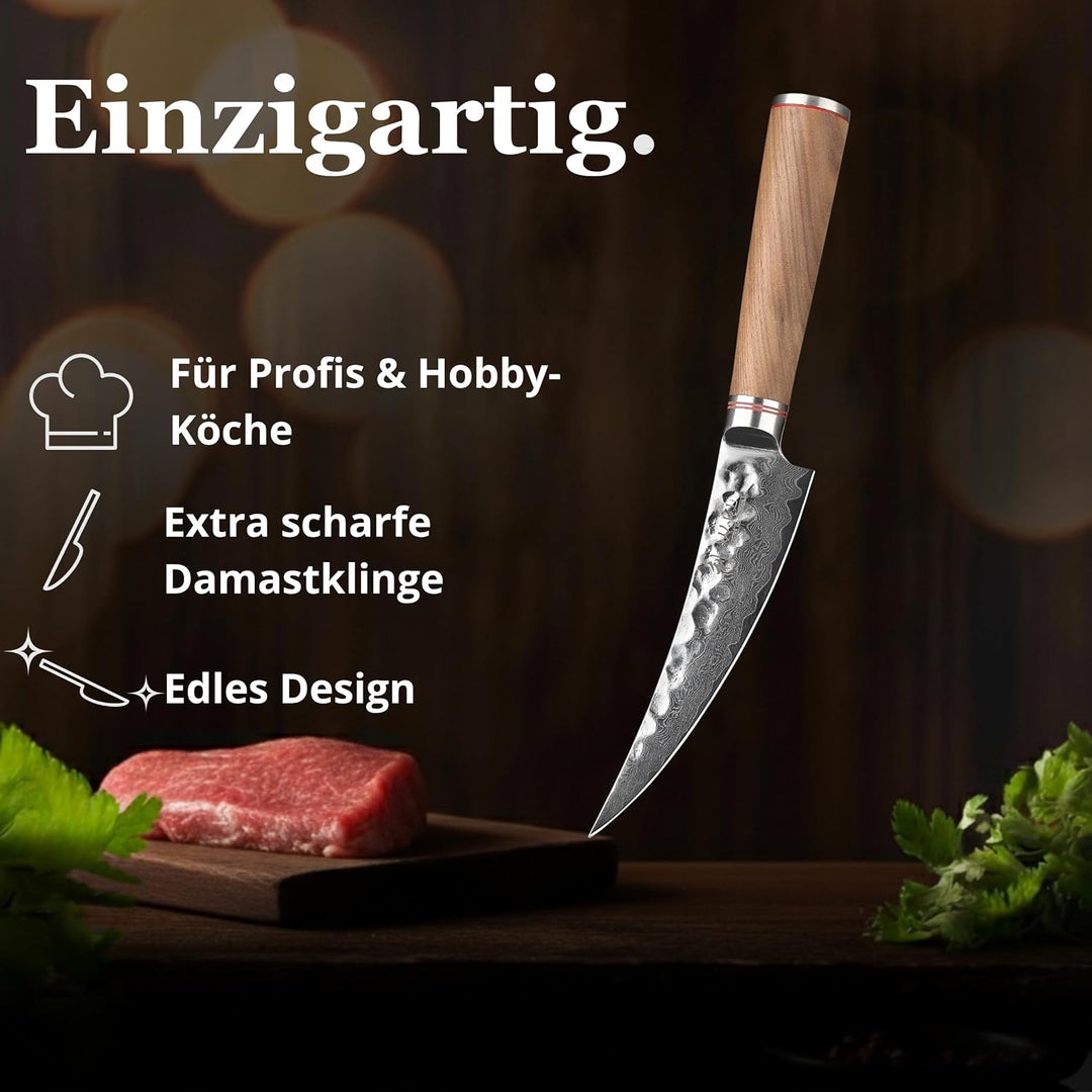 Wakoli Nussbaum Damast Ausbeinmesser Scimitar I Damast Küchemesser mit 16 cm Klinge gefertigt aus Da