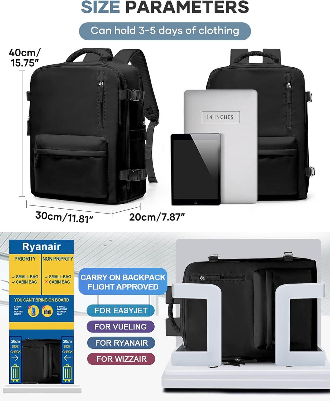 BJLFS Rucksack Handgepäck Flugzeug Ryanair Handgepäck 40x20x25 Rucksack Easyjet Handgepäck 45x36x20