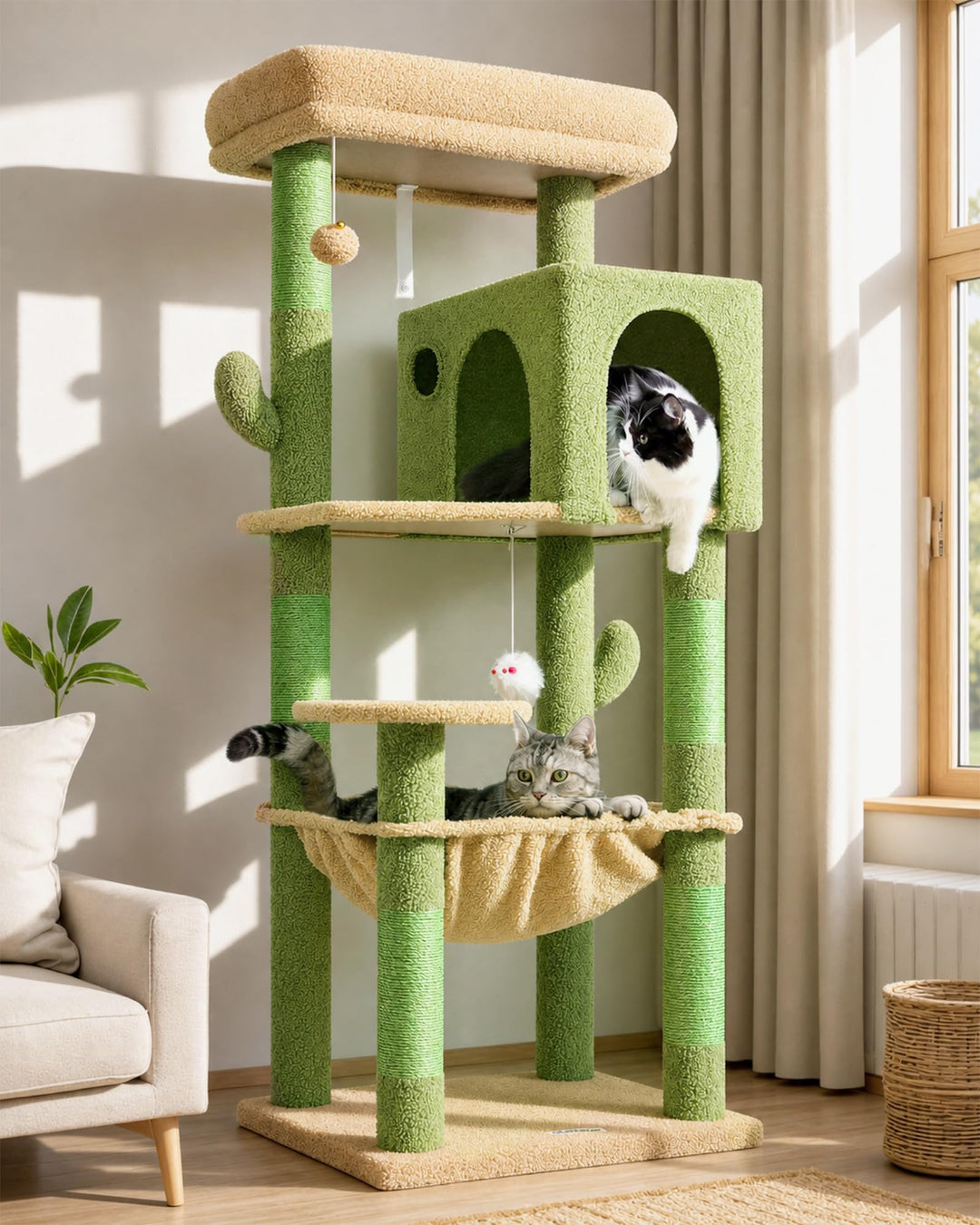 Globlazer Kratzbaum Grün Kaktus mit Extragrosse Hängematte 45 * 40cm, Grosse Katzenhaus, Gepolsterte