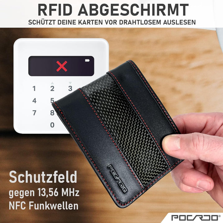 POCARDO Stripe Kompakte Herren Geldbörse aus Leder & Carbon - Exklusives Portemonnaie für Männer - S