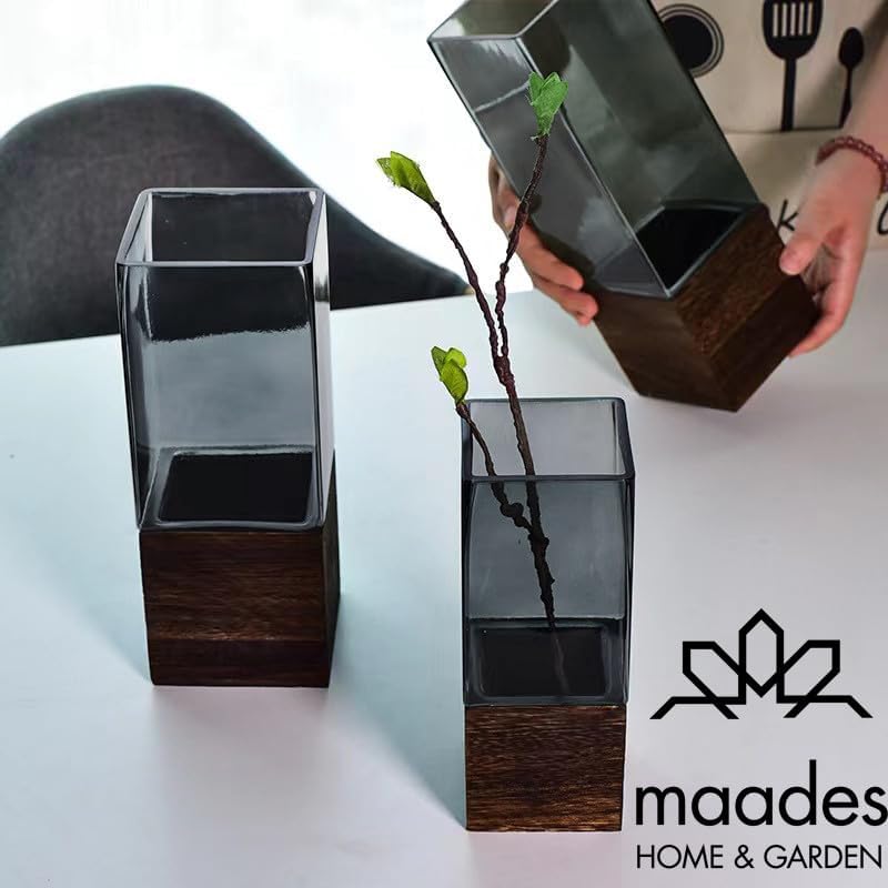MAADES Vase Blumenvase aus Glas & Holz Eckig 30cm gross Glasvase Grau als Tischdeko Hochzeitsdeko