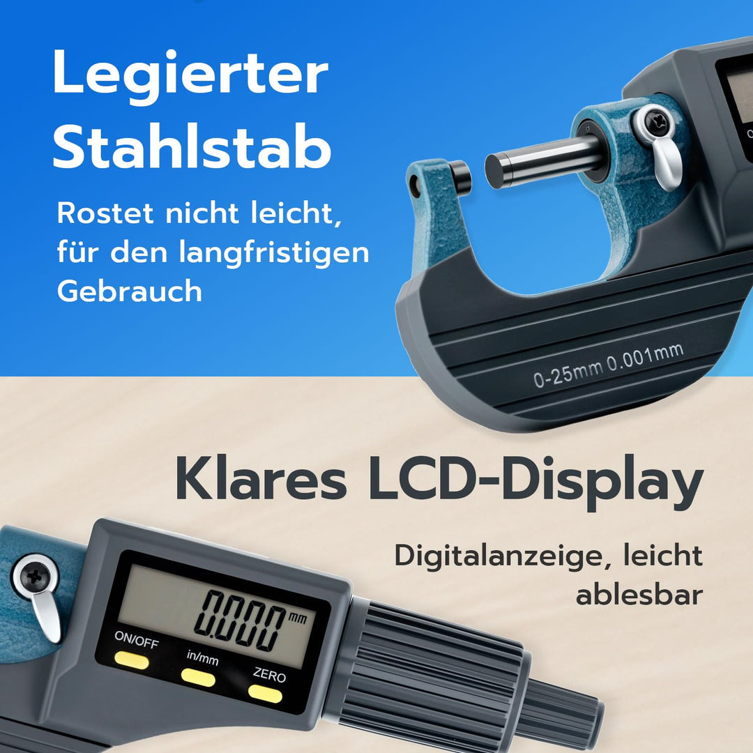 Mcbazel Mikrometer LCD Digitale Bügelmessschraube 0-25mm, 0.001mm Auflösung