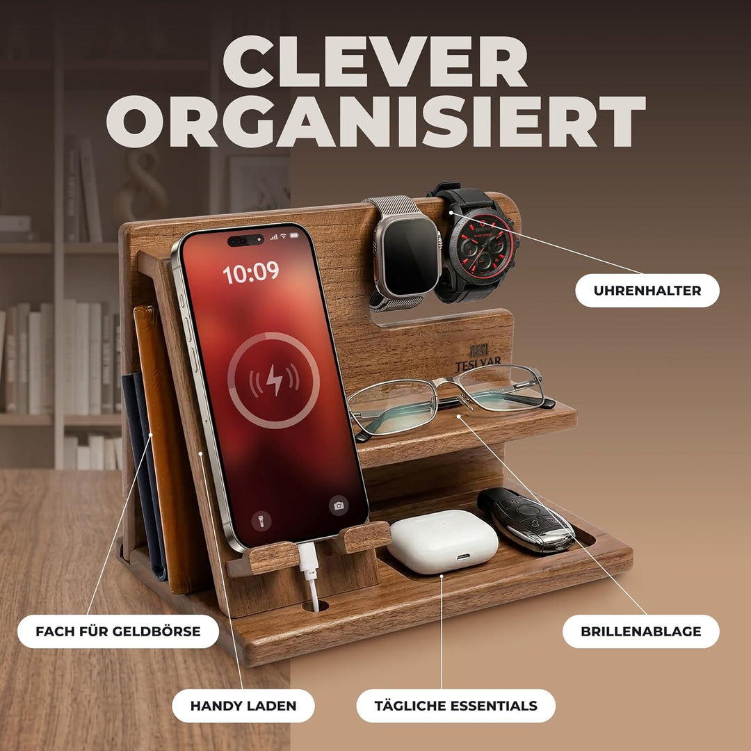 TESLYAR Holz-Telefon-Dockingstation für Männer – Schreibtisch- oder Nachttisch-Organizer – Geburtsta