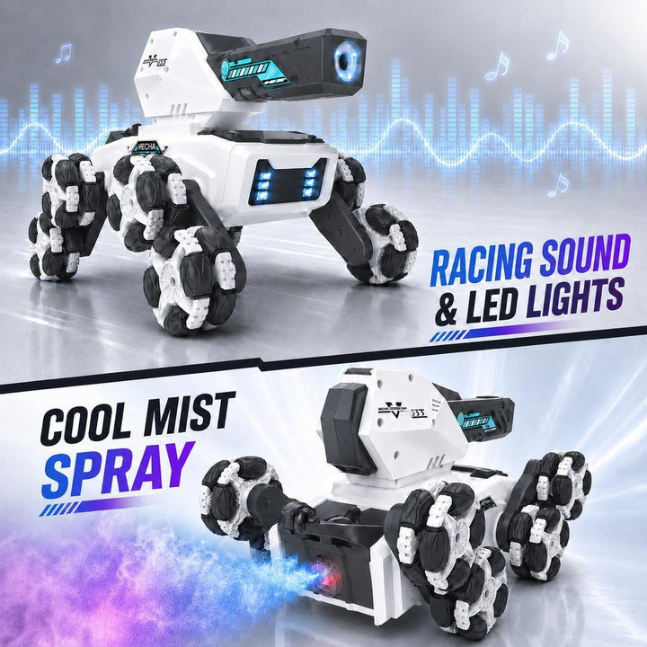 RC Stunt Roboterauto für Kinder, 8-Rad Mecha, 360 Drift, LED &amp; Nebel (Weiss) | Drift-Kurven, 360°-Dr