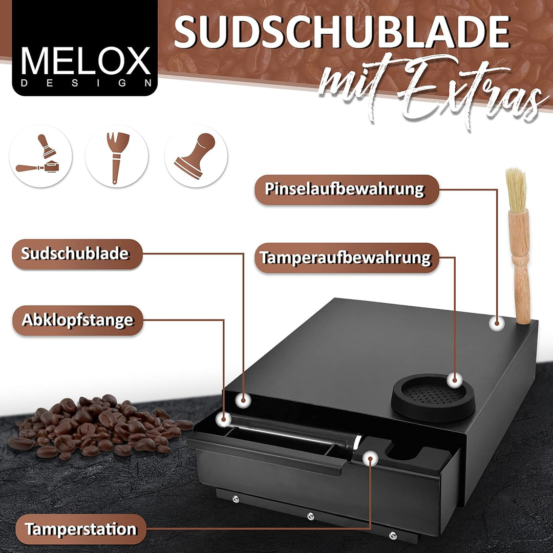 MELOX - XXL 4-in-1 Abschlagbehälter mit Sudschublade für Siebträger mit Tamper-Station & Reinigungs-