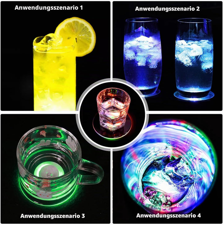 8 Stück LED Untersetzer: Ø 10cm Leuchtuntersetzer Rund aus Acryl, Wasserdicht mit 7 Farbmodi &amp; ON/Of