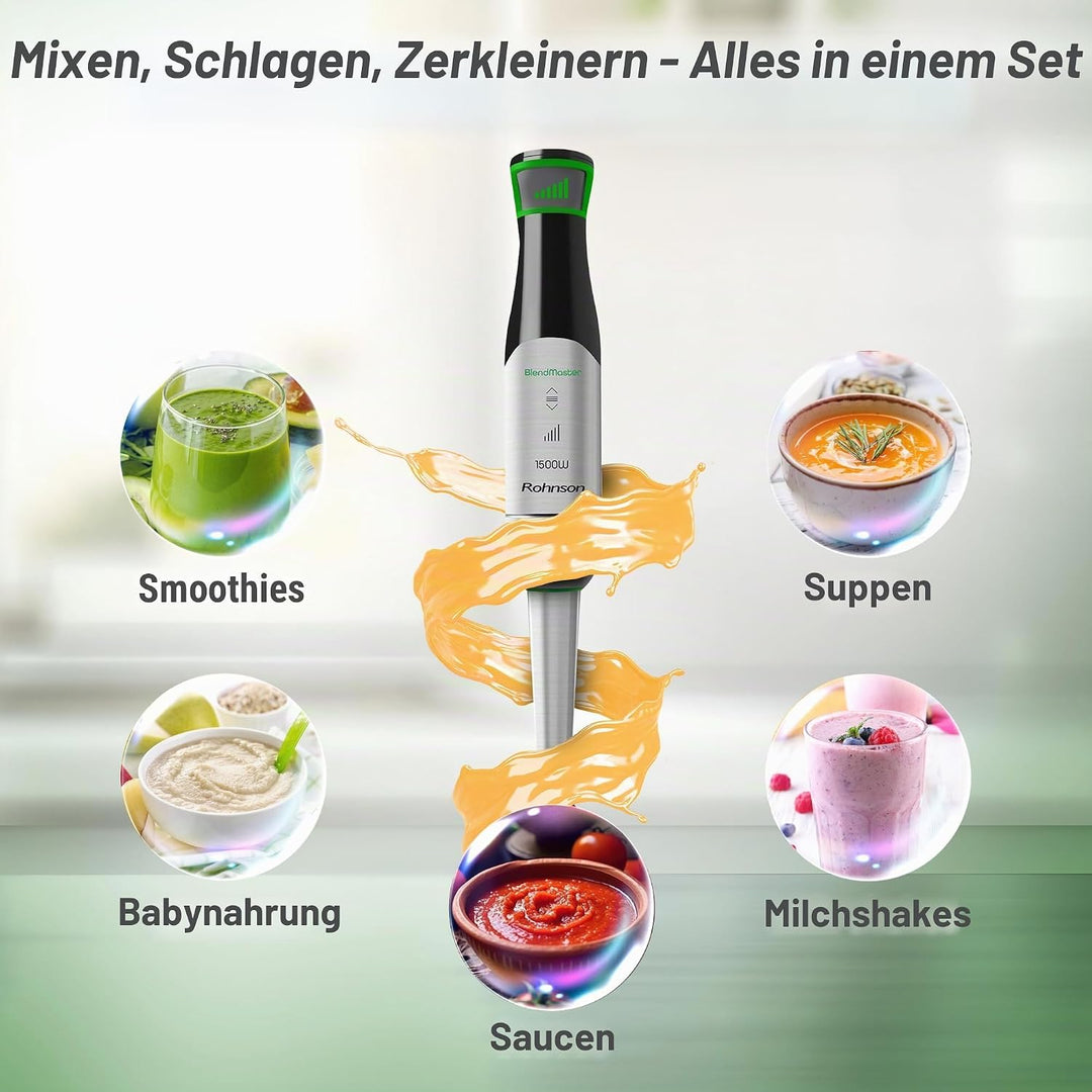 Rohnson BlendMaster R-5750 Stabmixer mit 1500 W, Vario-Blade-Technologie und Tiefenregelung, inklusi
