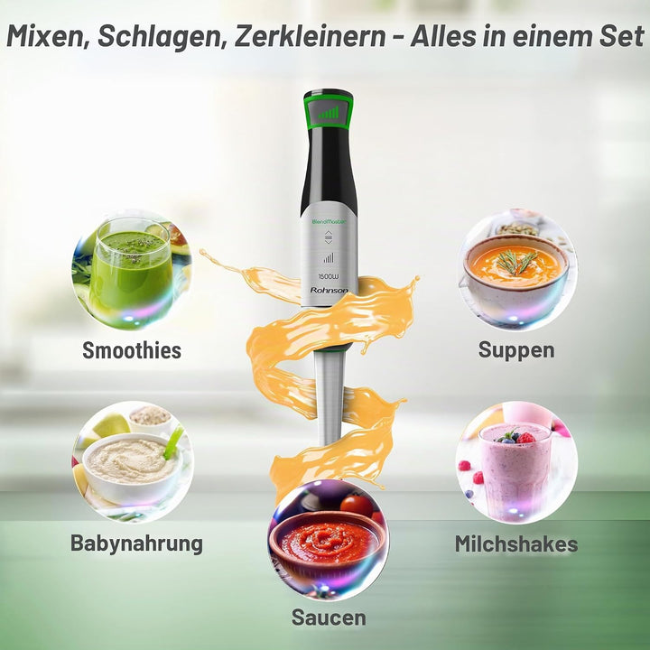 Rohnson BlendMaster R-5750 Stabmixer mit 1500 W, Vario-Blade-Technologie und Tiefenregelung, inklusi