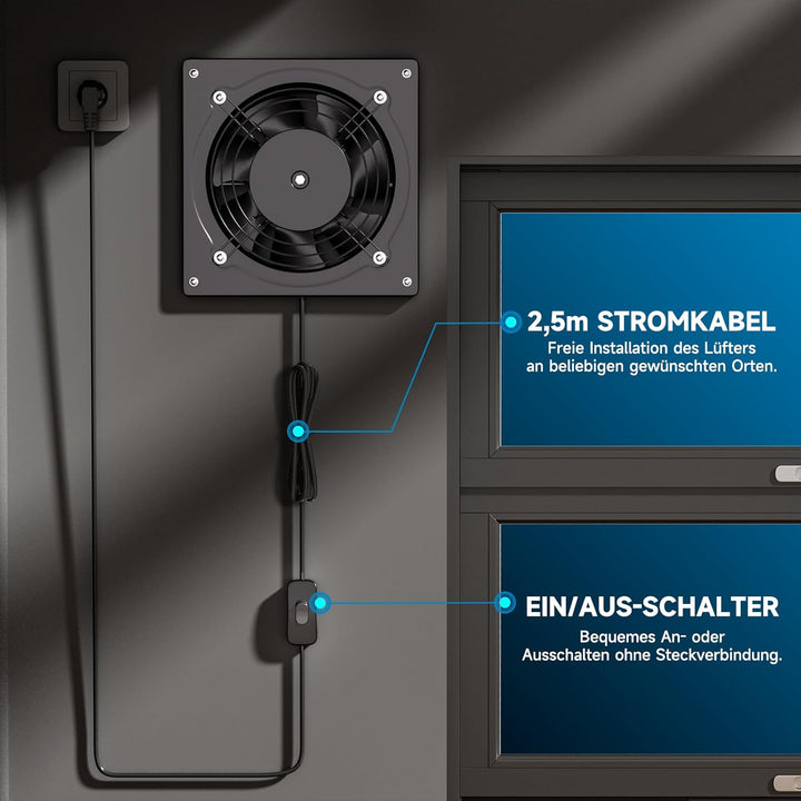 Hon&Guan Abluftventilator 150mm mit Schalter, Badlüfter Industrielle Metal 38W Aussenläufermotor Wan