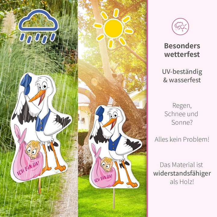 XL Storch zur Geburt Willkommen Baby I rosa Geschenk Mädchen I SET: Geburtsstorch + Stab aus Holz +
