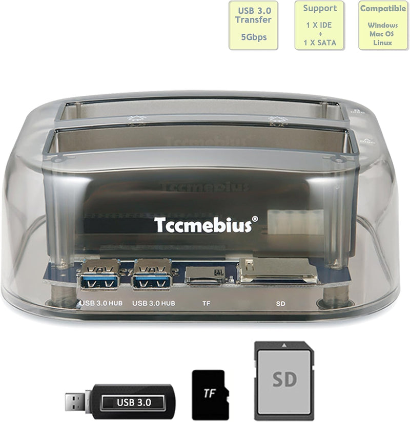 Tccmebius Festplatten Dockingstation, TCC-S865-DE USB 3.0 an SATA IDE Dual Slots Externe Festplatten