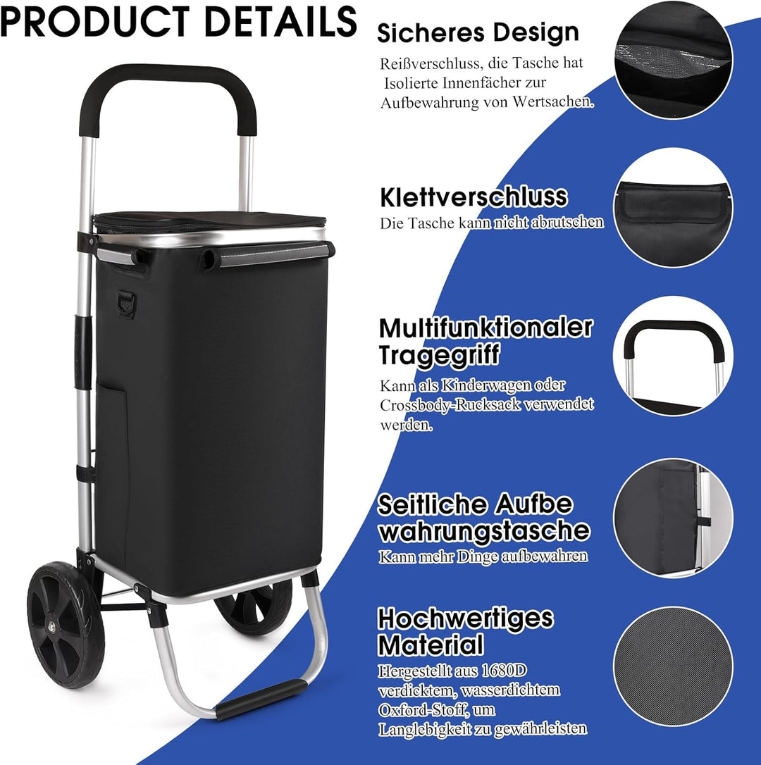 Einkaufstrolley klappbar mit 42L Volumen, Einkaufswagen mit Deckel Klappbarer Trolley zum Einkaufen,