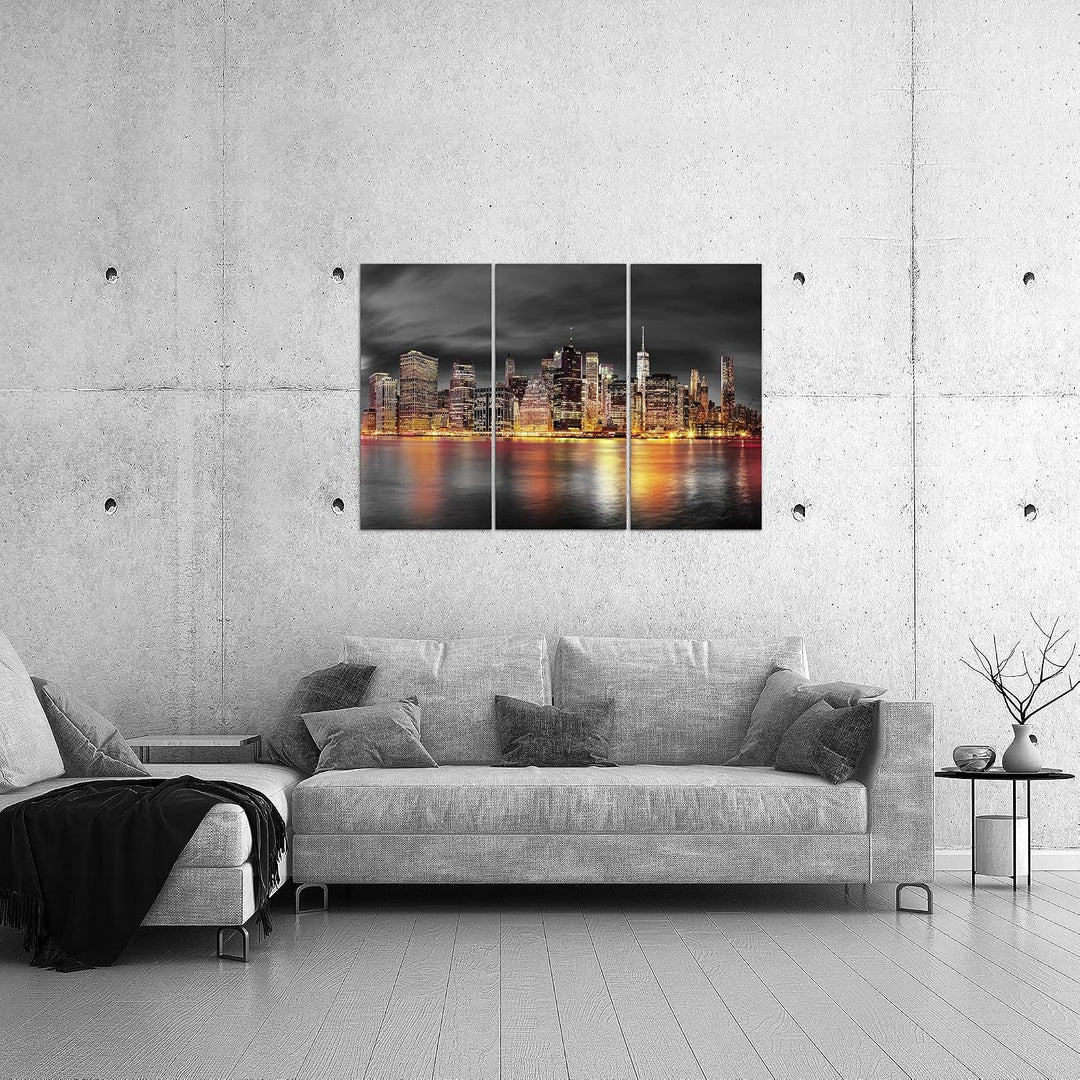 Runa Art Wandbilder New York City Bild XXL Wohnzimmer Büro Schwarz Gold Skyline 120 x 80 cm 3 Teilig