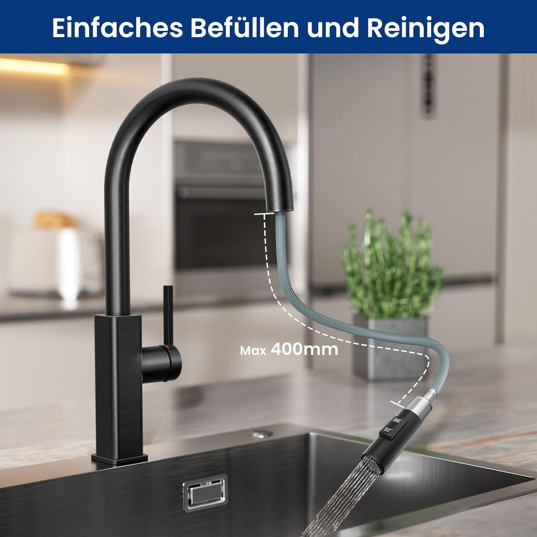 CECIPA Wasserhahn Küche Schwarz Ausziehbar, Küchenarmatur mit Brause Edelstahl, Spültischarmatur Hoc
