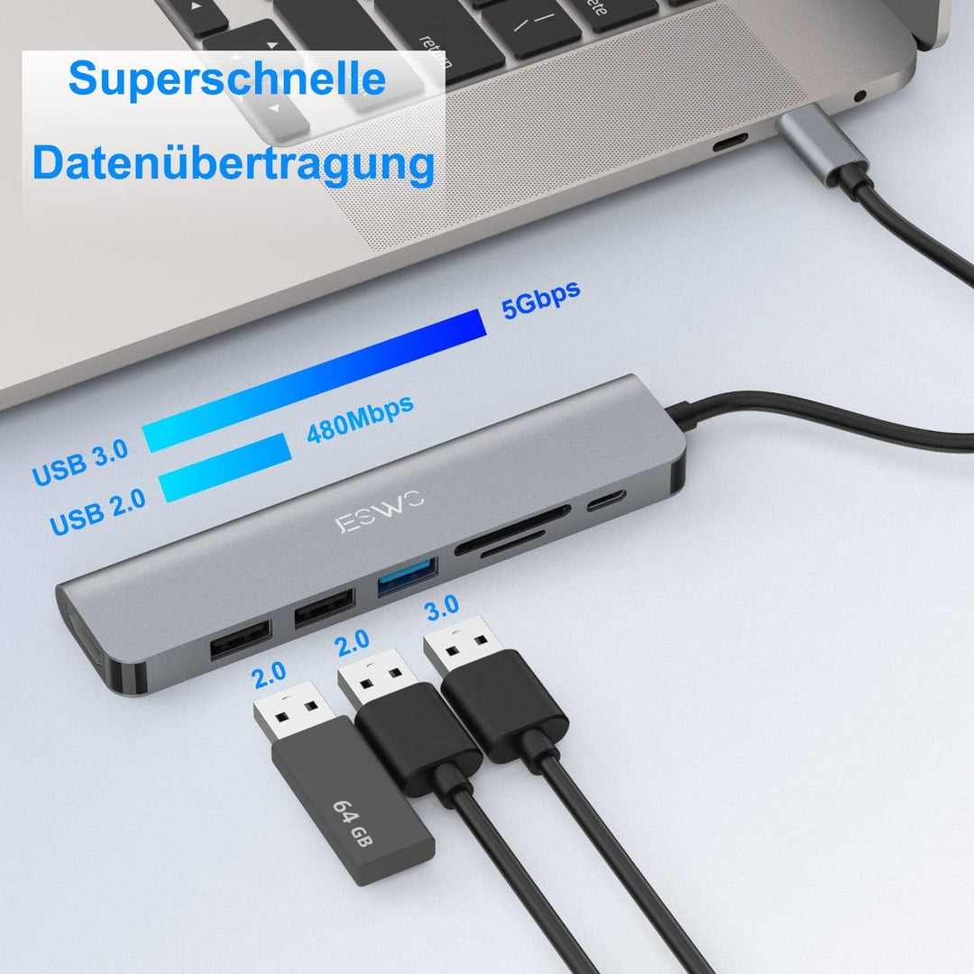 USB C Hub, JESWO 7 in 1 USB C Adapter mit 4K HDMI, 1 USB 3.0, 2 USB 2.0, SD/TF Kartenleser und 100W