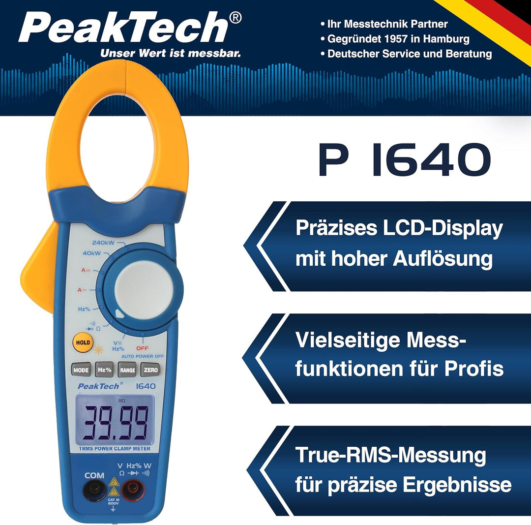 PeakTech True RMS Stromzange 1000A AC DC und Digital Multimeter 4000 Counts mit Durchgangsprüfer - C