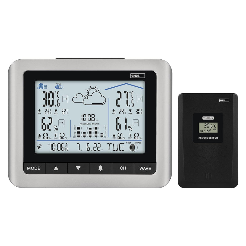 EMOS Funk Wetterstation mit weisser Hintergrundbeleuchtung, Aussensensor, Temperatur °C/°F, Luftfeuc