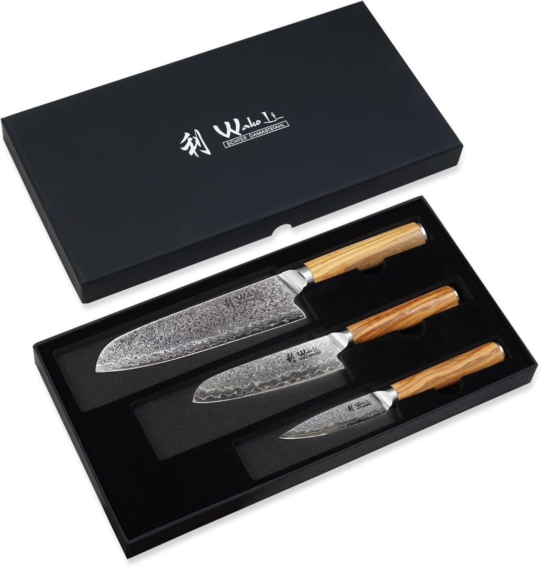 Wakoli Oribu 3er Damastmesser-Set mit 9-18cm Klingen gefertigt aus 67 Lagen echtem Damaststahl mit O