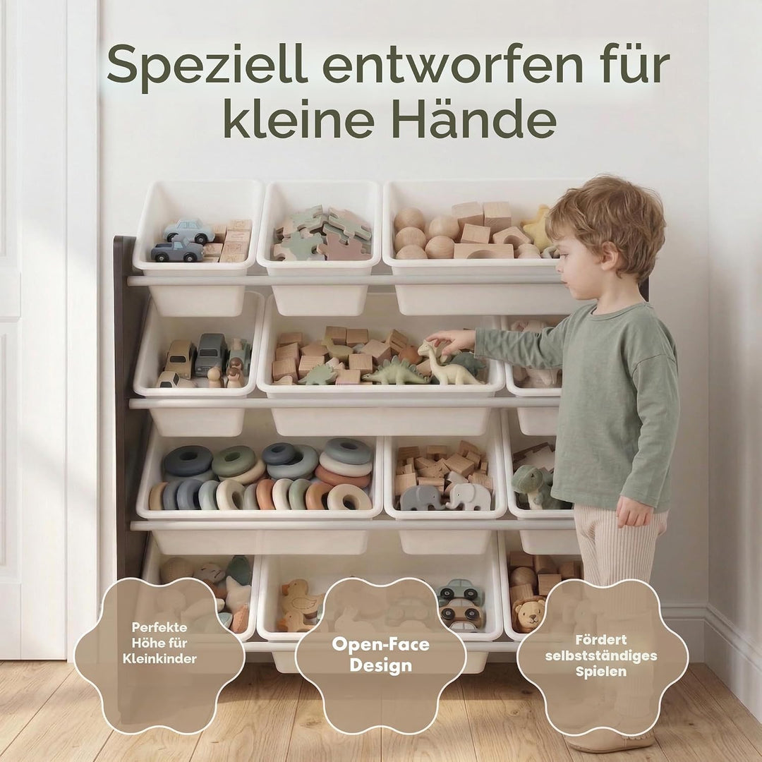 Humble Crew WO562 Kinderregal - Spielzeugregal-Organizer aus Holz mit 12 Aufbewahrungsboxen, Espress