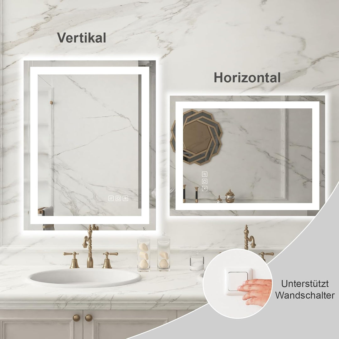 furduzz Badezimmerspiegel mit Beleuchtung, 60x45cm Badezimmerspiegel mit Touch Schalter, Led Spiegel