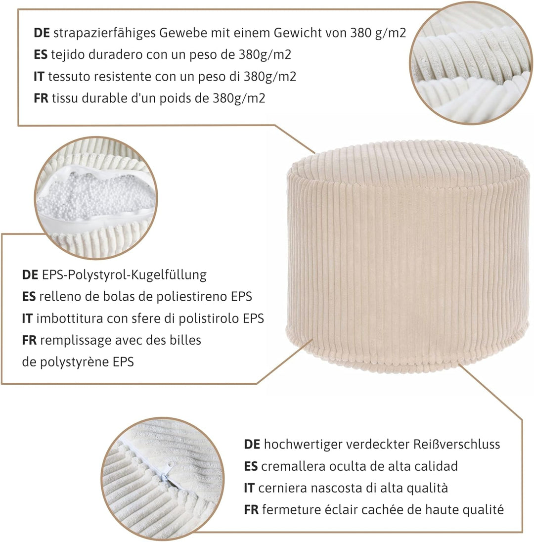 DreamRoots Pouf Hocker - Hocker Rund Cord 50x50x35 cm - Couch Hocker Wohnzimmer - Sitzpouf Rund - Fu
