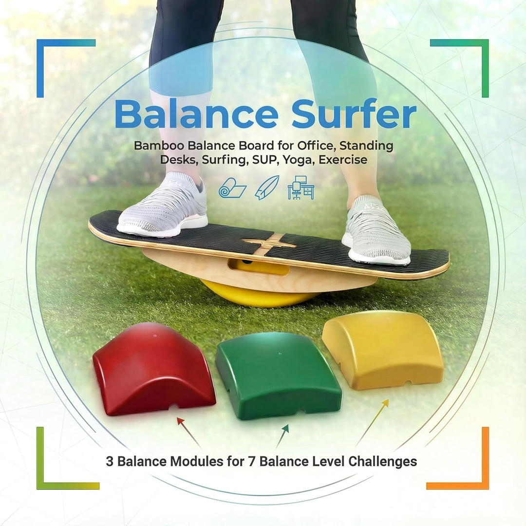 Blue Planet Balance Surfer 7-in-1 Bamboo Wooden Balance Board Trainer für Büro, Gym &amp; Home | Ideal f