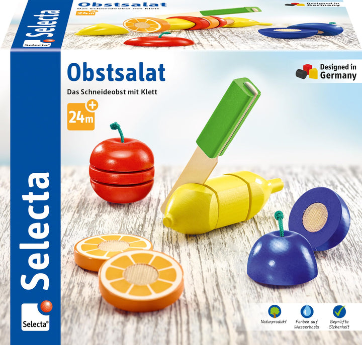 Selecta 62070 Obstsalat, Klett und Schneidespielzeug aus Holz, 11 Teile, Küchen-Spielzeugset, Mehrfa