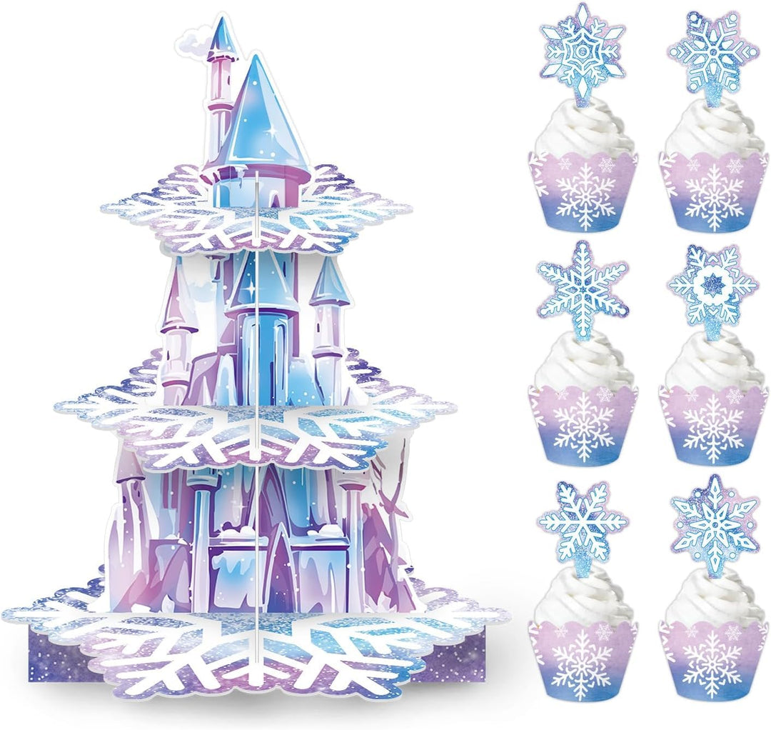 Blau-lila Schneeschloss-Tortenständer, Cupcake-Ränder und kleine Dekostäbchen, Schneeschloss, dreist