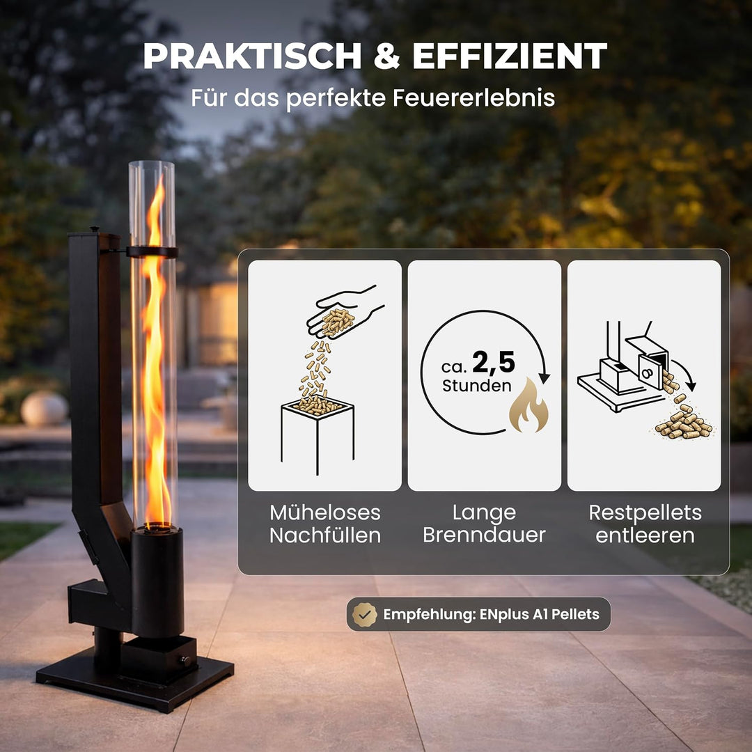 Lemodo Pelletfackel CORE, Feuersäule Outdoor mit Glasröhre, für Garten &amp; Terrasse, für Holzpellets,