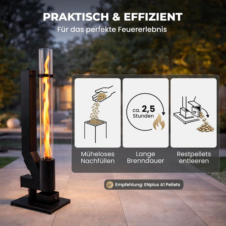 Lemodo Pelletfackel CORE, Feuersäule Outdoor mit Glasröhre, für Garten &amp; Terrasse, für Holzpellets,