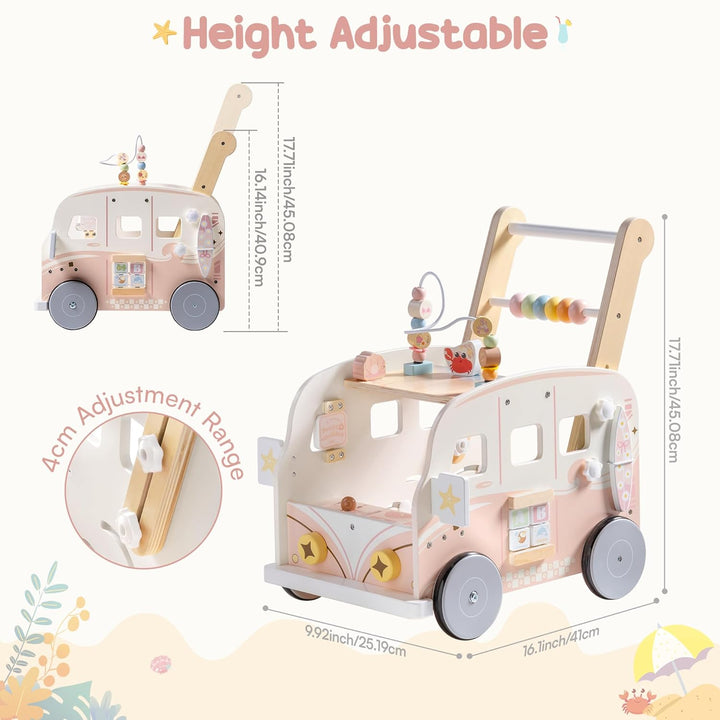ROBOTIME Holz Baby-Lauflernwagen, Multifunktionale Aktivitäts-Lauflernhilfe mit Höhenverstellung und