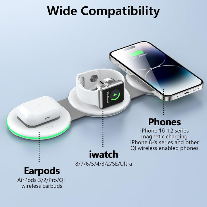 3 in 1 Faltbar Induktive Ladestation,Magsafe Kabelloses Ladegerät für Apple Watch und iPhone 16/15/1