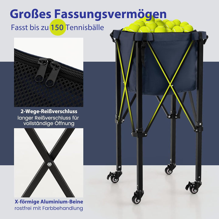 COSTWAY Tennisballwagen klappbar, Leichter Tennisballkorb mit Rädern, Seitentasche & Tragetasche, tr