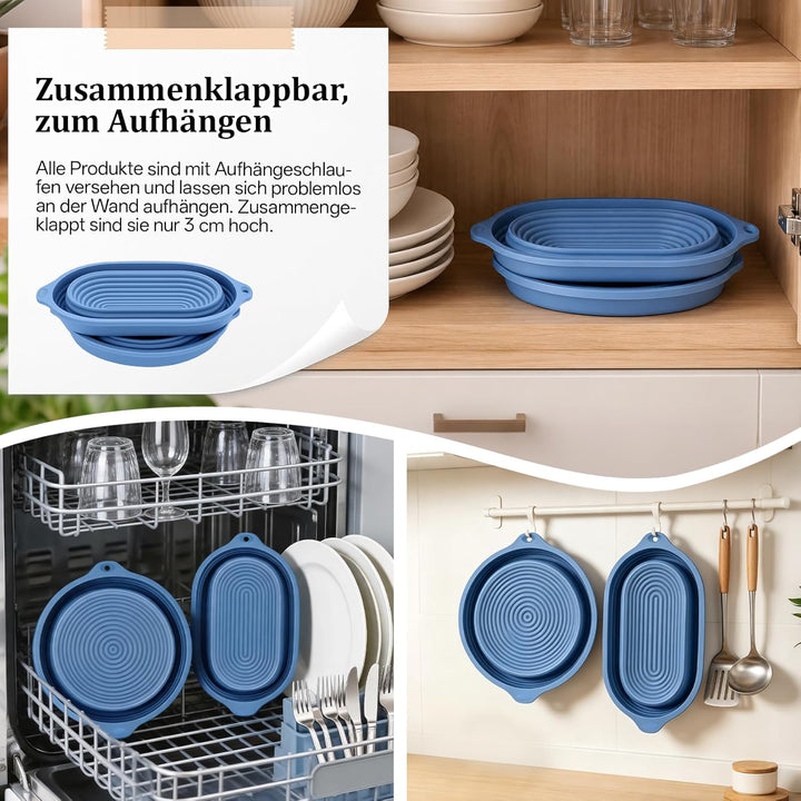 2 PCS Brot Gärkorb Silikon, 29 cm Gärkorb Oval und 23 cm Gärkorb Brot Rund, Silikon Klappbare Gärkör