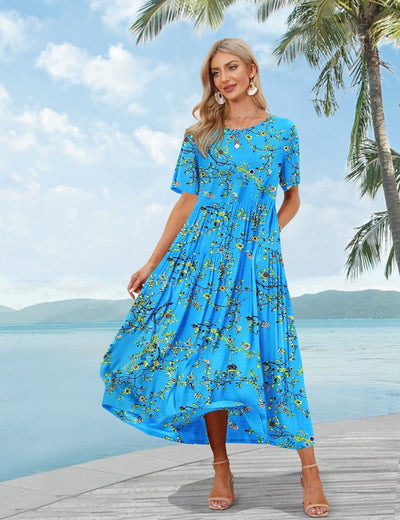 YESNO Damen Kleider Freizeit Lose Sommerkleid Lang Boho Maxikleid für Rundhals Strandkleid Blumenkle