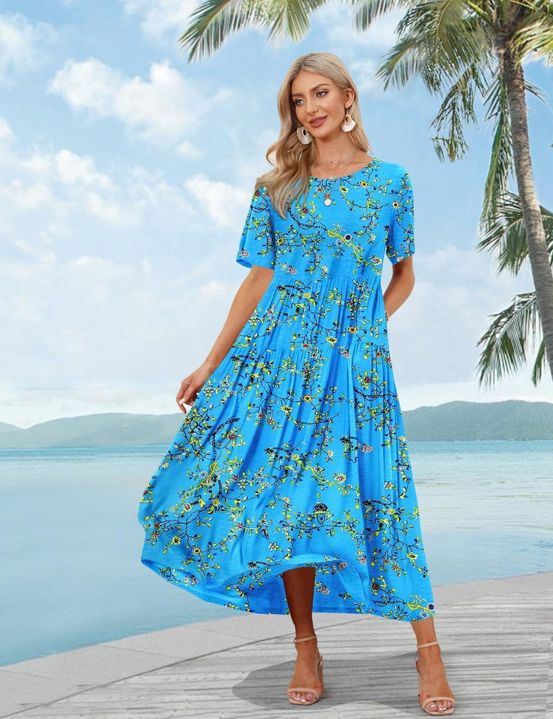 YESNO Damen Kleider Freizeit Lose Sommerkleid Lang Boho Maxikleid für Rundhals Strandkleid Blumenkle