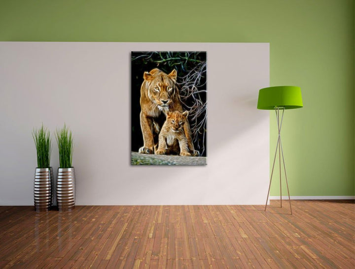 Dark Löwin mit Jungtier Deluxe Format: 100x70 cm auf Leinwand, XXL riesige Bilder fertig gerahmt mit