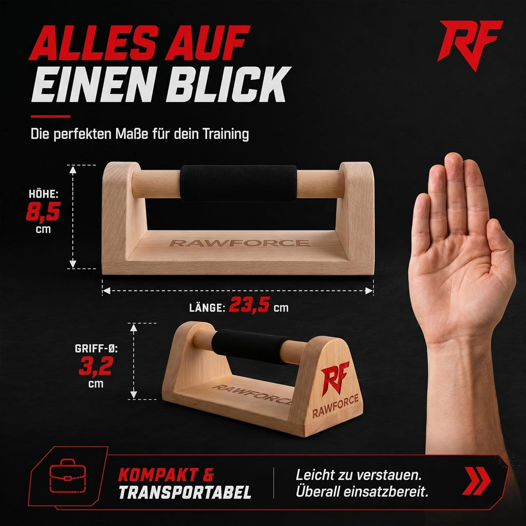 RawForce 2x Liegestützgriffe aus Holz - Joint-Friendly & Rutschfest - Parallettes Push Up Bar - Hand