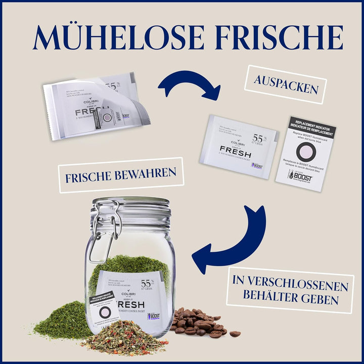 Colibri Fresh 2-Wege-Feuchteausgleich-Pads - 12er Pack à 4g zur Lagerung von Kräutern, Instrumenten