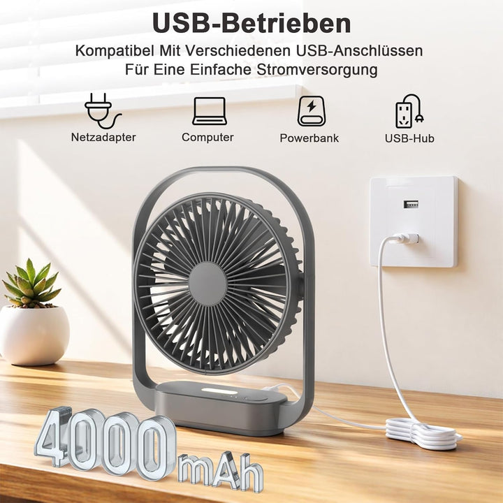 SURFOU Ventilator 4000mAh Akku, Kabelloser Tischventilator mit 4 Stufen und 2 Nachtlicht-Modi, USB-C
