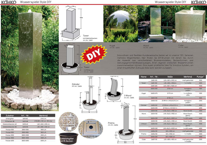 Köhko Wasserwand Höhe ca. 180 cm 26005 Wasserfall mit LED-Beleuchtung und Edelstahlbecken 150 CM Ede