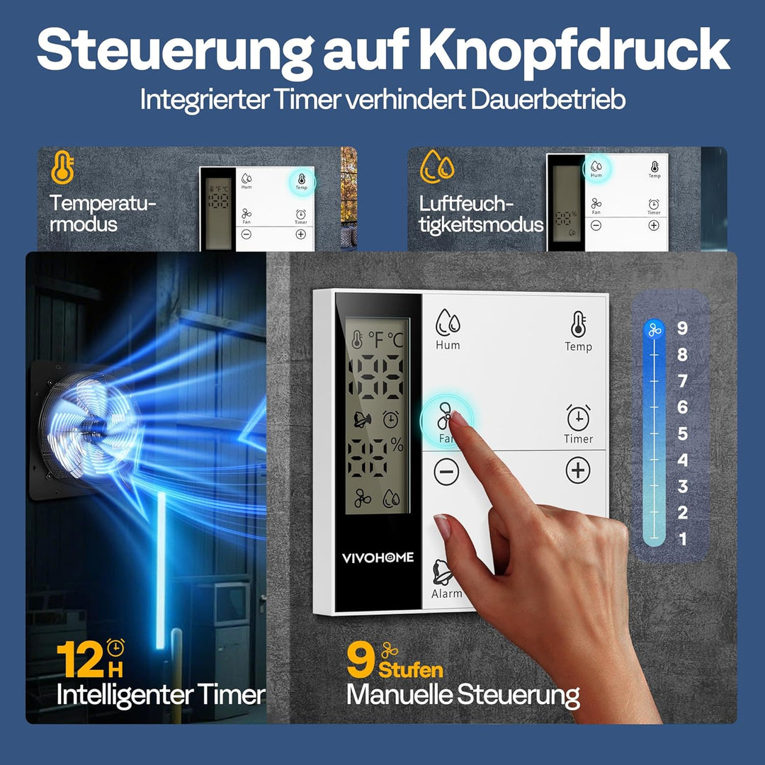 VIVOHOME 300mm Abluftventilator Industrie Wandventilator mit EC Motor 1305m³/h Wandlüfter mit Timer