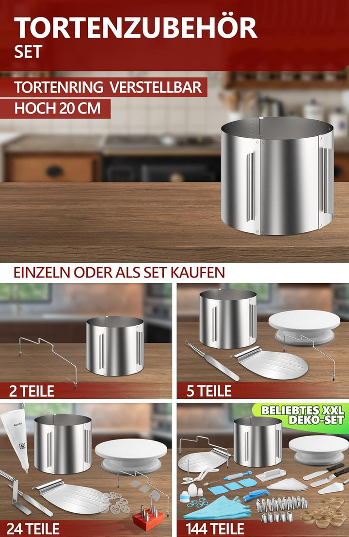4smile Edelstahl Tortenschneider Set, 5 Teile - Tortenschneider + Tortenring verstellbar hoch 20 cm