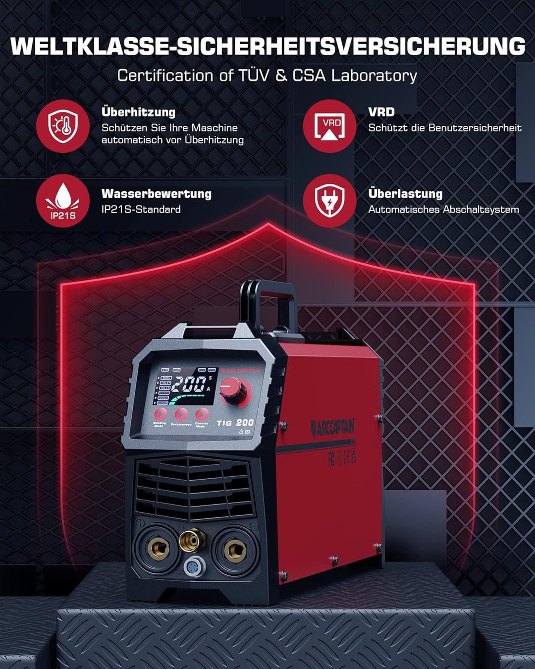 ARCCAPTAIN DC WIG Schweissgerät 200Amper IGBT - Kombi HF-Zündung TIG WIG Schweissgerät mit 200 Amper